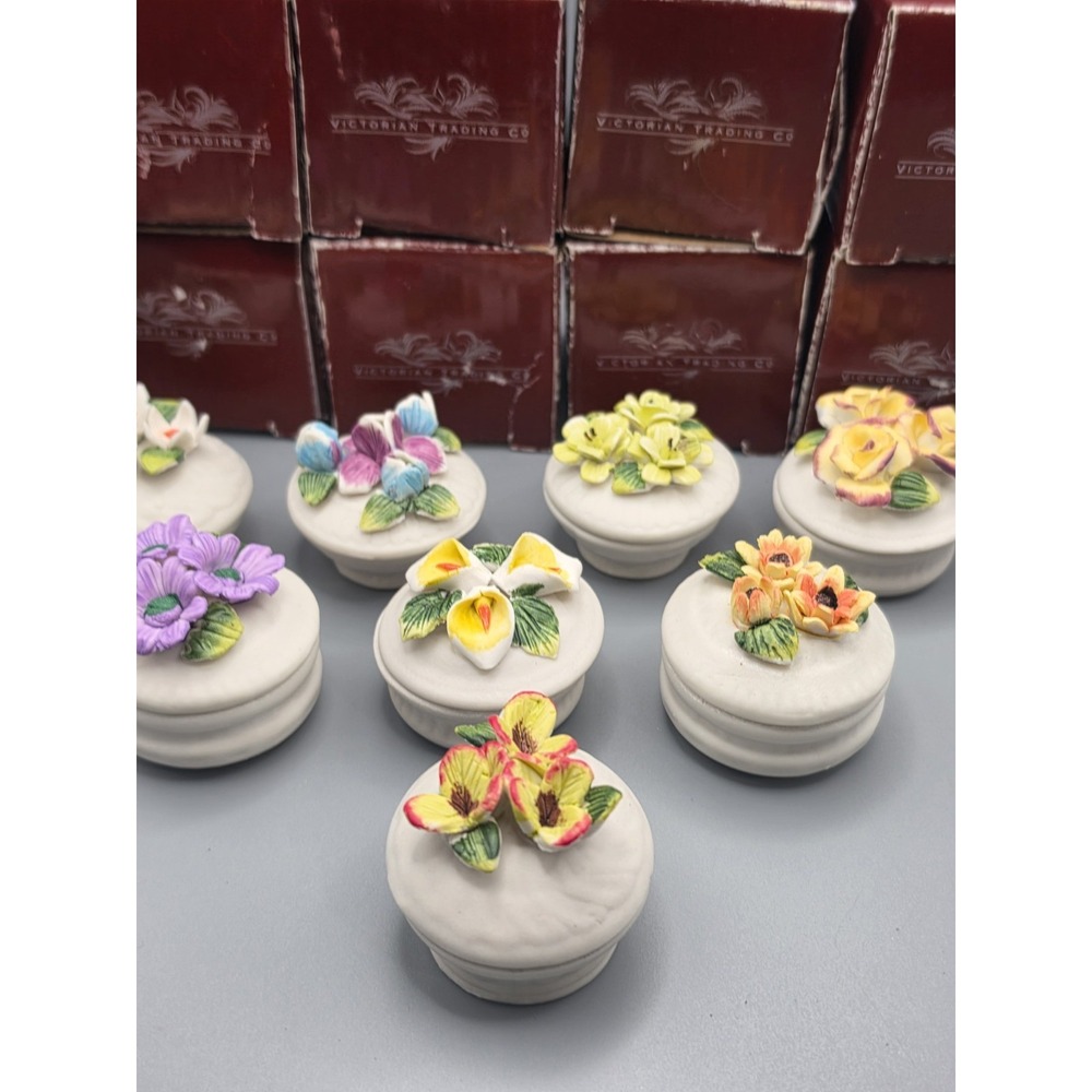 Victorian Trading Co Floral Porcelain Trinket Boxes Lot of 8 w/ Original Boxes